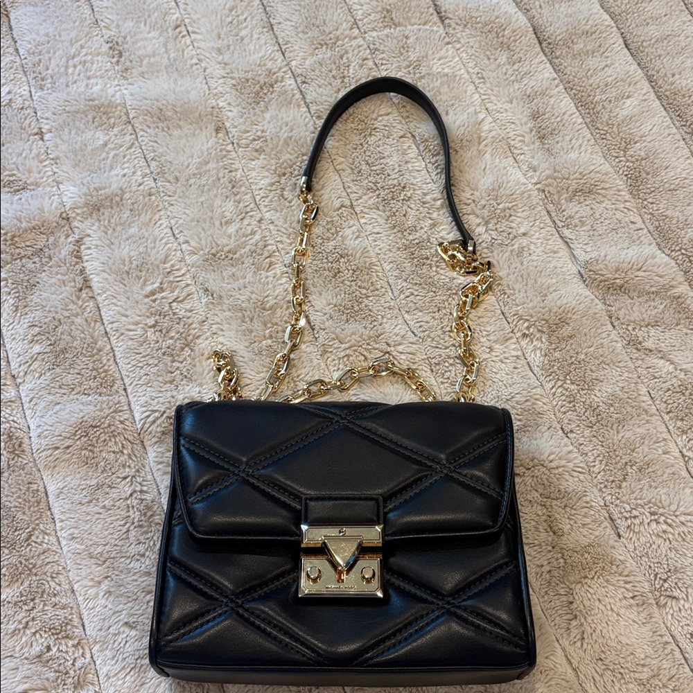Michael Kors Quilted Black Shoulder Bag with Gold Accents
